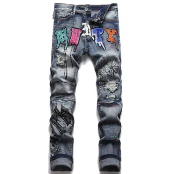 Naujas 2022 m. vasarą punk vyriški džinsai spausdinti medvilnės kelnės madinga miesto viduryje juosmens atsitiktinis asmenybės paprastus džinsus