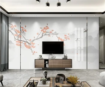 Naujas Kinų stiliaus 3d rašalo slyvų žiedų, gėlių, paukščių Zen kraštovaizdžio TV foną pasirinktinius nuotraukų wallpaperwall lipdukas freskos