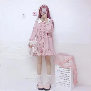 Nėriniai Siuvinėjimo Lėlės Raukiniai Lolita Dress Moterų Derliaus Rožinė Suknelė Japonijos Harajuku Ulzzang Moterų Korėjos Kawaii Mielas Drabužiai
