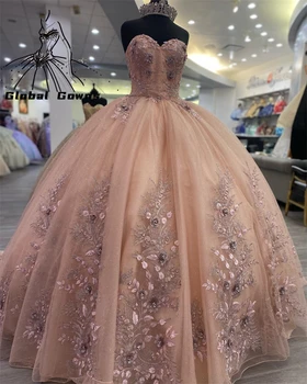 Princesė Brangioji Kamuolys Suknelė Quinceanera Suknelę Zawalcowany Aplikacijos Gimtadienio Chalatai Prom Dresses 3D Gėlės Vestido De Anos 15