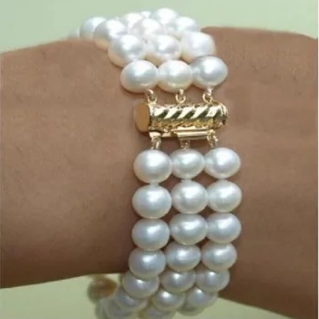 Rankomis rišti 3 eilutėje 8-9mm baltos spalvos gėlavandenių perlų apyrankė 20cm moterų mados juvelyrika