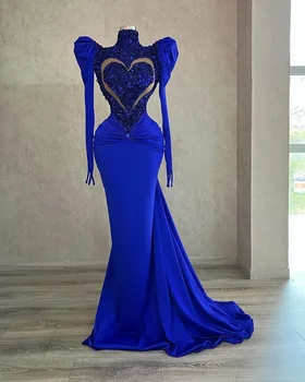 Royal Blue Bžūp Rankovėmis, Vakaro Suknelės Undinė Blizgučiais Ilgai Prom Chalatai Užsakymą Pagaminti Aukštos Kaklo Spalvingi Šalis Suknelės