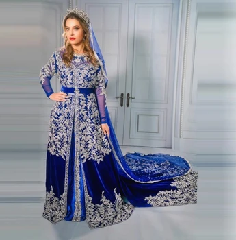 Royal Blue Maroko Kaftan Caftan Musulmonų Vakaro Suknelės-line ilgomis Rankovėmis Appliques Dubajus arabų Turkija Abaja Islamo Suknelė