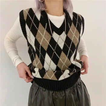 Rudenį 2020 korėjos stiliaus tank top moterų v-kaklo argyle megztinis liemenė derliaus skara megztinis liemenė megzti rankovių viršuje Žiemą