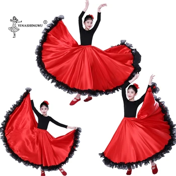 Satino Kietas Ispanų Flamenko Sijonas Nėriniai Moterų Pilvo Šokio Kostiumai 360-720 Laipsnį, Mergaitėms, Vaikams, Pobūvių Salė Motina Dukra Suknelė