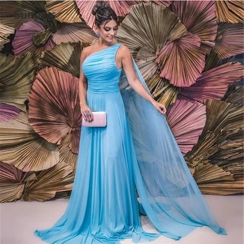 Sumnus Mėlynos Spalvos Šifono Prom Dresses 2022 Elegantiškas Saudo Arabija Ilgai Linijos, Klostyti Rūbeliai De Soirée Vestidos Oficialią Vakaro Suknelės