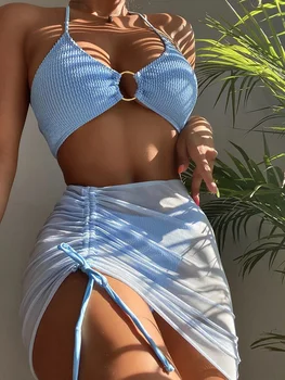 Tekstūra Žiedas Susiję Apynasrio Bikini maudymosi kostiumėlis su Paplūdimys Sijonas Moterims iš Trijų dalių 2023 Vasaros Paplūdimio Maudymosi Kostiumas