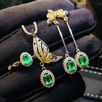 Unikalus kokybiškos kurti naujų sidabro inkrustacijos pilna deimantų, ovalo formos, smaragdas kostiumas 