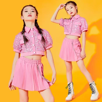 Vaikai Rožinė China Kpop Komplektus Merginų Džiazo Šokio Cheerleader Kostiumai Podiumo Hip-Hop Šokio Spektaklis Drabužių DQS6910