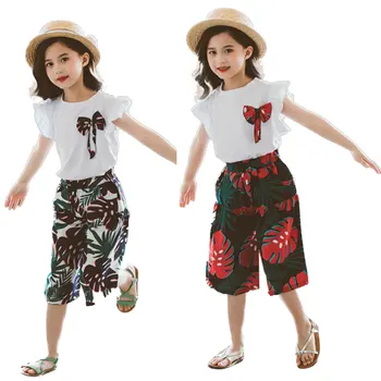 Vaikų Drabužiai Mergaitėms Vasaros Kostiumas Bowknot T-shirt Viršūnes + Lapų Spausdinimo Apkarpyti Kelnės 2vnt Vaikų, Paauglių Komplektus Atsitiktinis Tracksuit