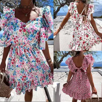 Vasaros Drugelis Rankovės Gėlių Spausdinti Suknelė 2021 Moterų Pynimas Aikštėje Apykaklės Atgal Nėrinių Backless Beach Party Dress Moterų