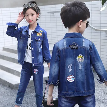 versija vaikų drabužių 2018 gir džinsai rudenį naujų vaikinų ir merginų kaubojaus kostiumas per didelis vaikų mados dviejų dalių komplektas