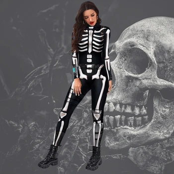 VIP MADA Moterims Seksualus 3D Skeletas Kaukolės Spausdinti Cosplay Kostiumai Jumpsuit Zentai Bodysuits Helovinas Šalis Catsuit Moteris